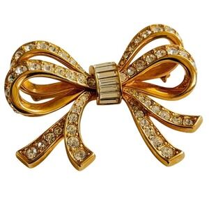 Swarovski Regal Bow jeweled pin Brooch VTG signed DSco rhinestone High end gold